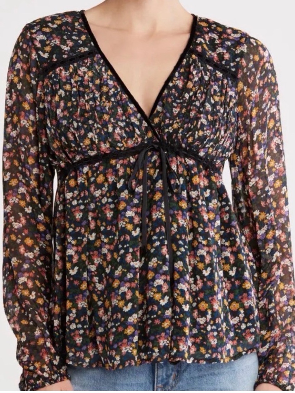 Lucky Brand Floral Boho Blouse XL Velvet Trim High Empire Waist Tie Front Top